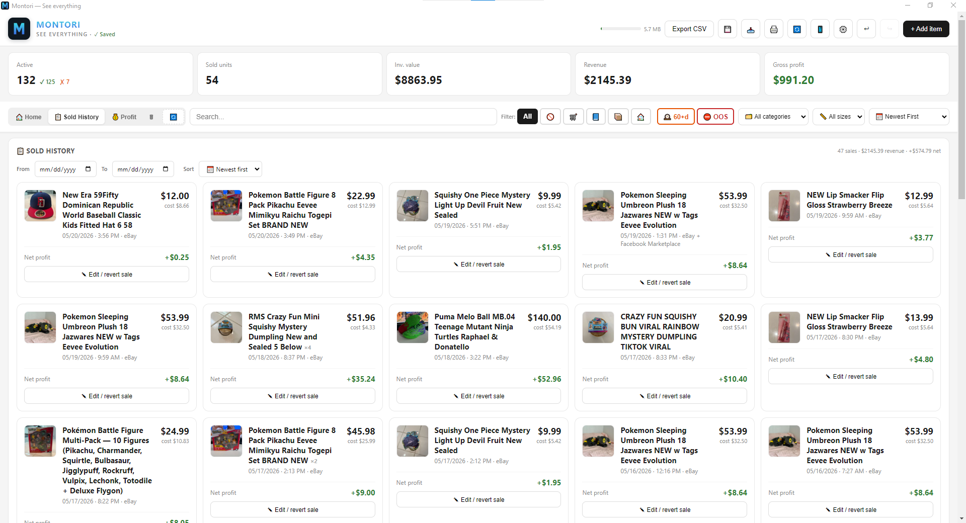 Sold History card grid showing recent sales with thumbnails, prices, and net-profit calculations
