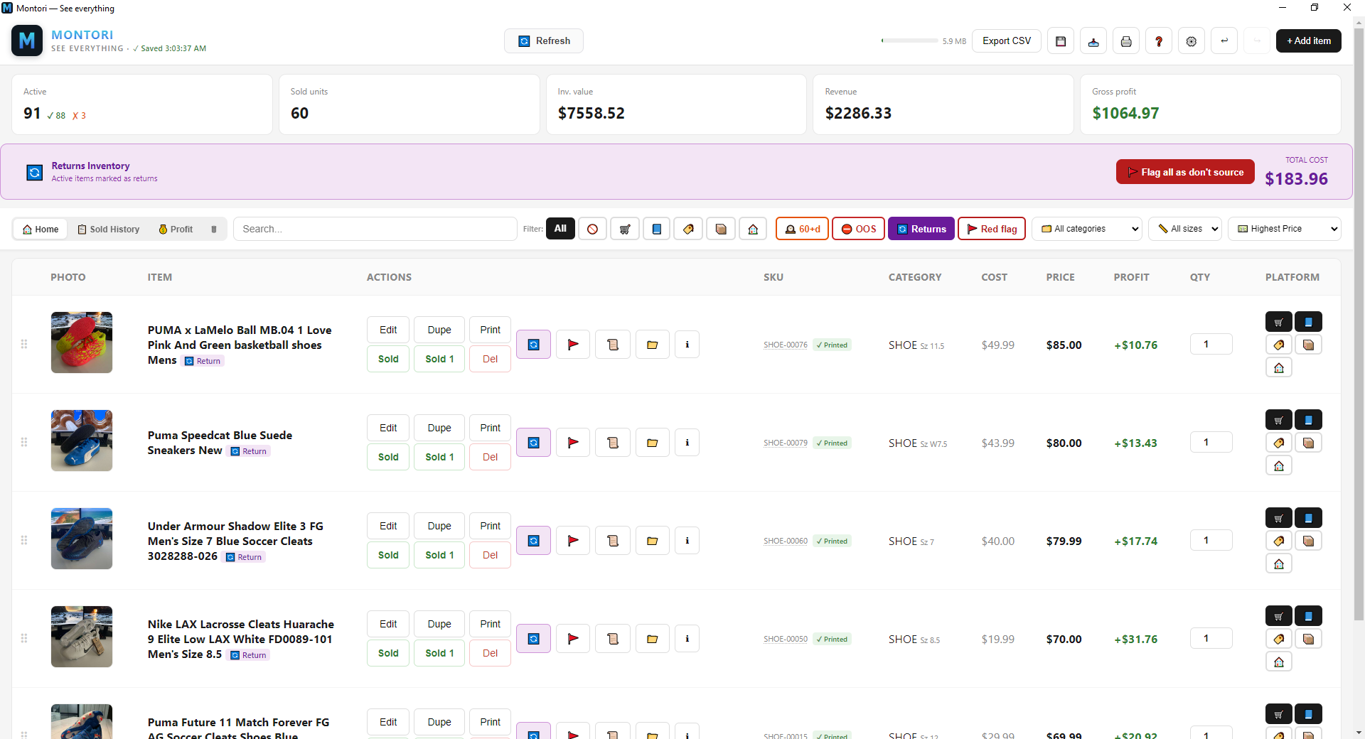 Returns inventory view
